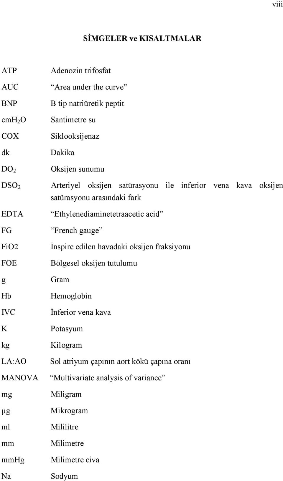 Ethylenediaminetetraacetic acid French gauge Đnspire edilen havadaki oksijen fraksiyonu Bölgesel oksijen tutulumu Gram Hemoglobin Đnferior vena kava Potasyum