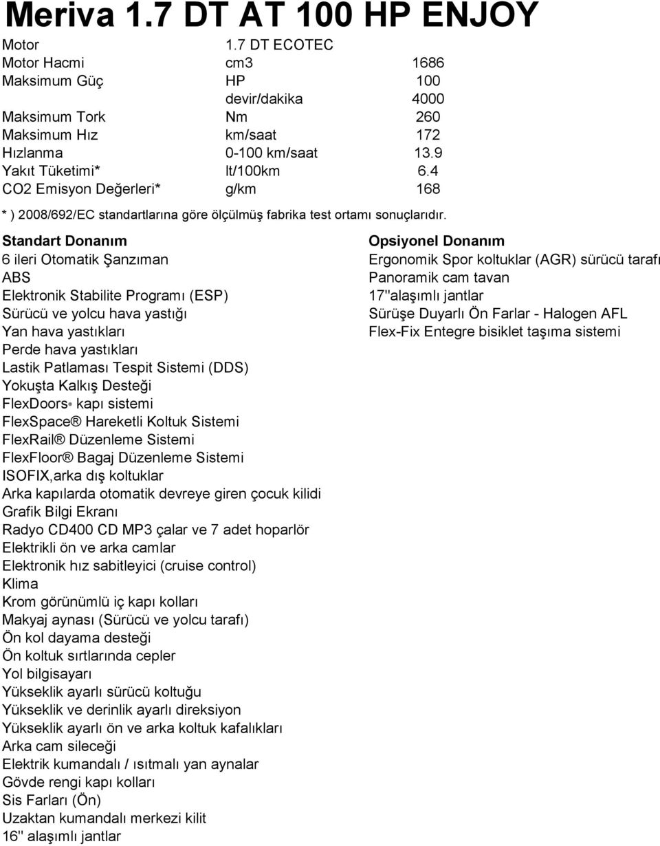 Tork Nm 260 Maksimum Hız km/saat 172 Hızlanma 0-100 km/saat 13.