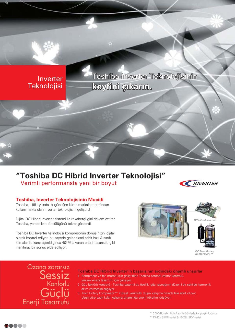 DC Hibrid Inverter Toshiba DC Inverter teknolojisi kompresörün dönüfl h z n dijital olarak kontrol ediyor, bu sayede geleneksel sabit h zl s n f klimalar ile karfl laflt r ld nda 40*% a varan enerji