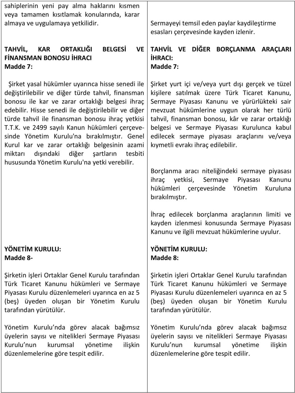 belgesi ihraç edebilir. Hisse senedi ile değiştirilebilir ve diğer türde tahvil ile finansman bonosu ihraç yetkisi T.T.K. ve 2499 sayılı Kanun hükümleri çerçevesinde Yönetim Kurulu'na bırakılmıştır.