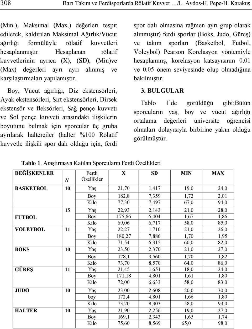 Hesaplanan rölatif kuvvetlerinin ayrıca (X), (SD), (Min)ve (Max) değerleri ayrı ayrı alınmış ve karşılaştırmaları yapılamıştır.