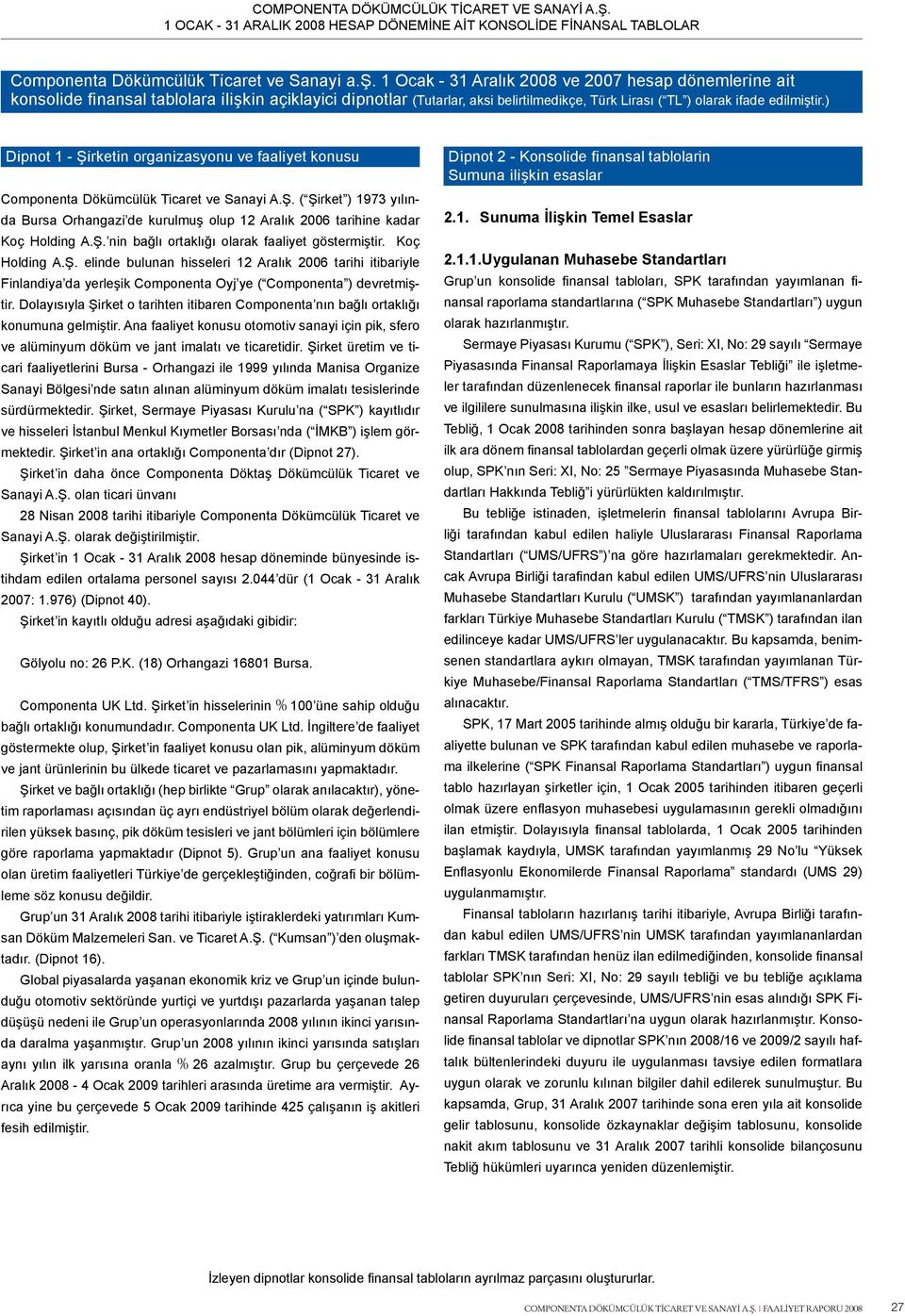 ) Di pnot 1 - Şi rketi n organi zasyonu ve faali yet konusu Componenta Dökümcülük Ticaret ve Sanayi A.Ş. ( Şirket ) 1973 yılında Bursa Orhangazi de kurulmuş olup 12 Aralık 2006 tarihine kadar Koç Holding A.