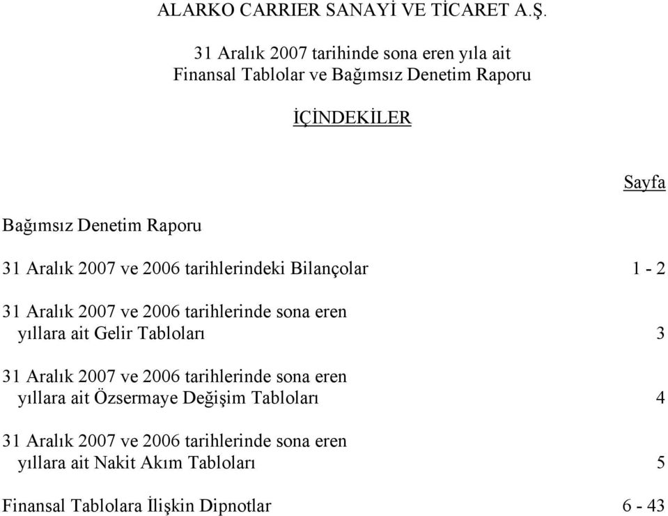 tarihlerinde sona eren yıllara ait Gelir Tabloları 3 31 Aralık 2007 ve 2006 tarihlerinde sona eren yıllara