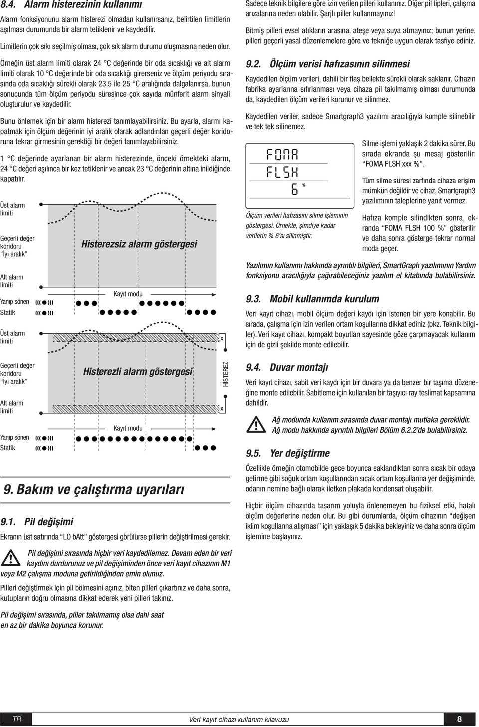 Örneğin üst alarm olarak 24 C değerinde bir oda sıcaklığı ve alt alarm olarak 10 C değerinde bir oda sıcaklığı girerseniz ve ölçüm periyodu sırasında oda sıcaklığı sürekli olarak 23,5 ile 25 C