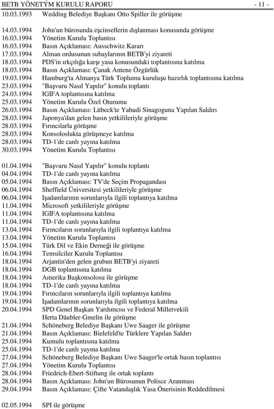 03.1994 Hamburg'ta Almanya Türk Toplumu kuruluşu hazırlık toplantısına katılma 23.03.1994 "Başvuru Nasıl Yapılır" konulu toplantı 24.03.1994 IGIFA toplantısına katılma 25.03.1994 Yönetim Kurulu Özel Oturumu 26.