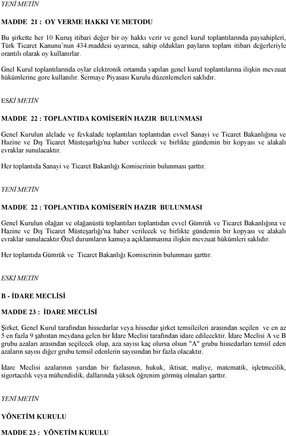 Gnel Kurul toplantılarında oylar elektronik ortamda yapılan genel kurul toplantılarına ilişkin mevzuat hükümlerine gore kullanılır. Sermaye Piyasası Kurulu düzenlemeleri saklıdır.