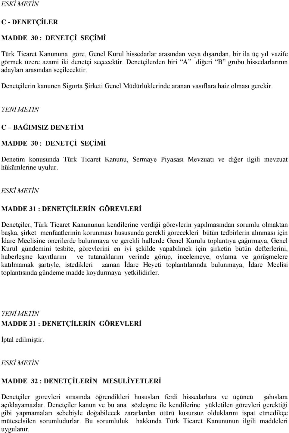 C BAĞIMSIZ DENETİM MADDE 30 : DENETÇİ SEÇİMİ Denetim konusunda Türk Ticaret Kanunu, Sermaye Piyasası Mevzuatı ve diğer ilgili mevzuat hükümlerine uyulur.