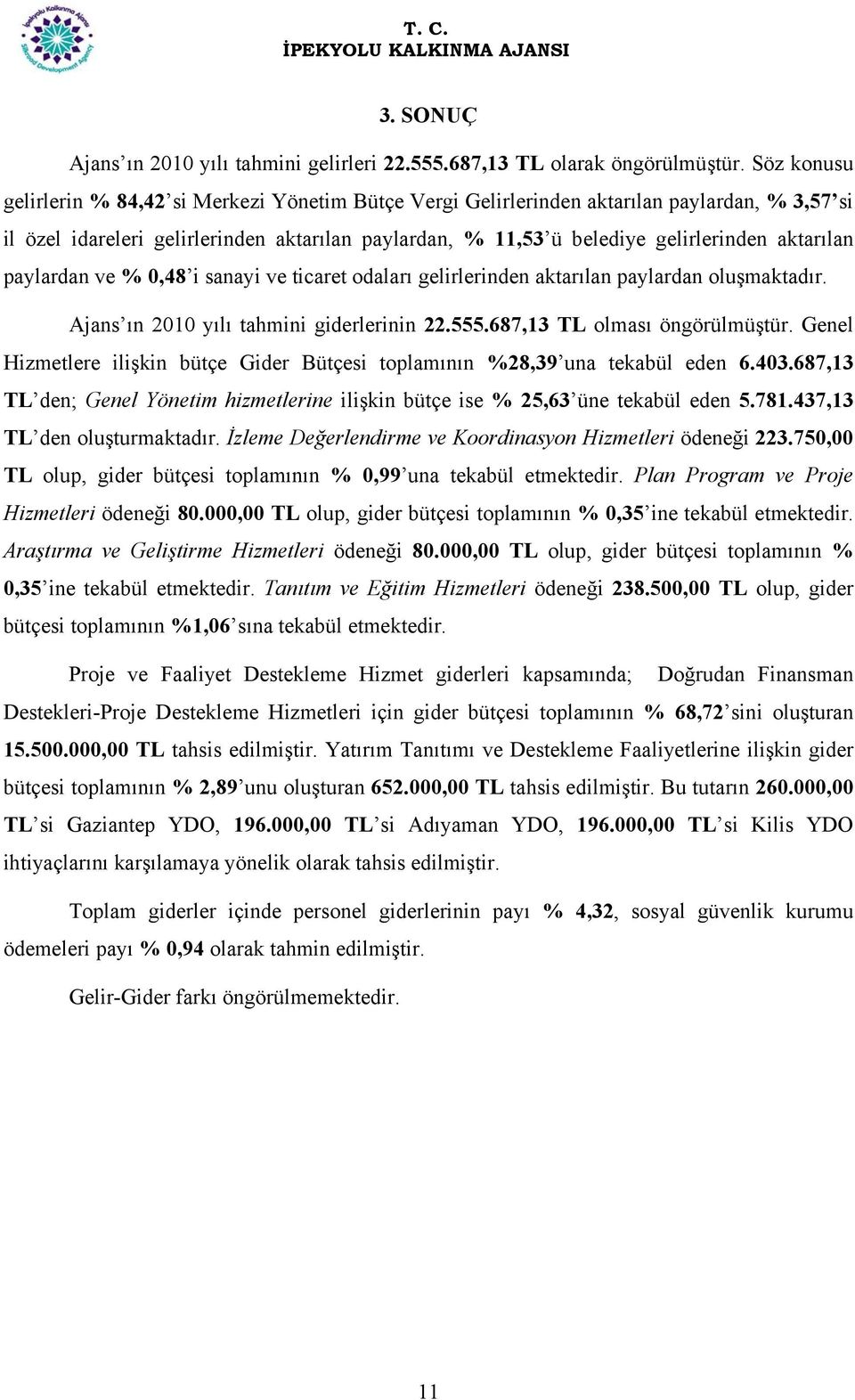 aktarılan paylardan ve % 0,48 i sanayi ve ticaret odaları gelirlerinden aktarılan paylardan oluşmaktadır. Ajans ın 2010 yılı tahmini giderlerinin 22.555.687,13 TL olması öngörülmüştür.