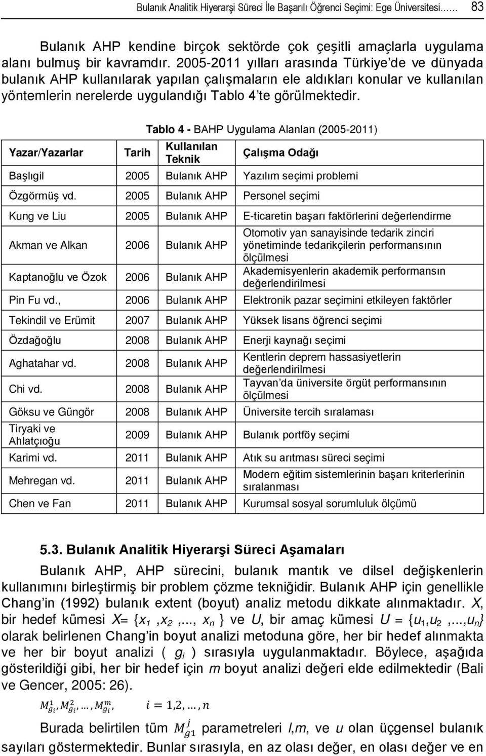 Yazar/Yazarlar Tarih Tablo 4 - BAHP Uygulama Alanları (2005-2011) Kullanılan Teknik Çalışma Odağı Başlıgil 2005 Bulanık AHP Yazılım seçimi problemi Özgörmüş vd.