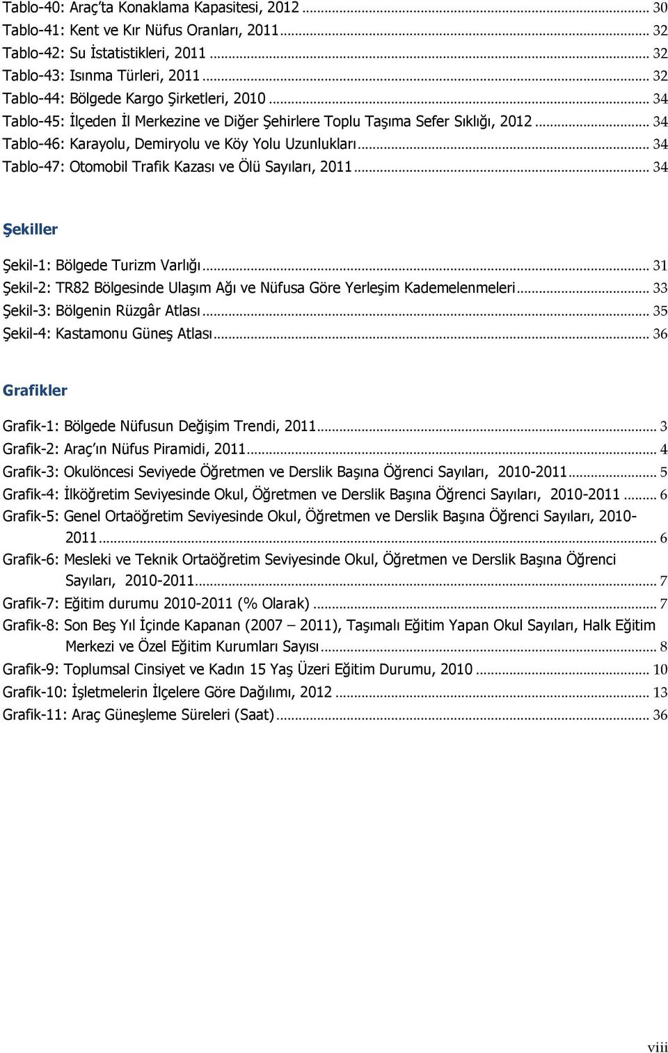 .. 34 Tablo-47: Otomobil Trafik Kazası ve Ölü Sayıları, 2011... 34 Şekiller Şekil-1: Bölgede Turizm Varlığı... 31 Şekil-2: TR82 Bölgesinde Ulaşım Ağı ve Nüfusa Göre Yerleşim Kademelenmeleri.