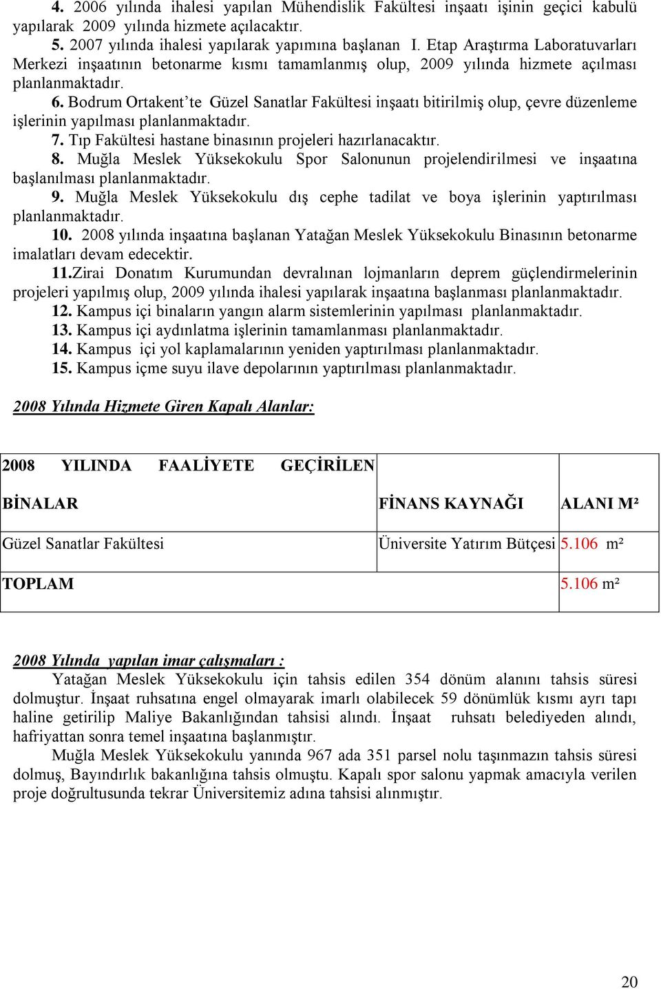 Bodrum Ortakent te Güzel Sanatlar Fakültesi inşaatı bitirilmiş olup, çevre düzenleme işlerinin yapılması planlanmaktadır. 7. Tıp Fakültesi hastane binasının projeleri hazırlanacaktır. 8.