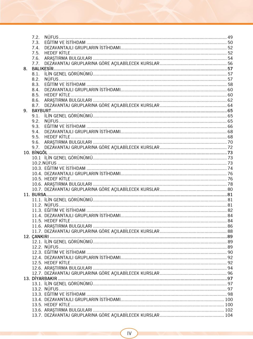 7. DEZAVANTAJ GRUPLARINA GÖRE AÇILABİLECEK KURSLAR... 64 9. BAYBURT...65 9.1. İLİN GENEL GÖRÜNÜMÜ... 65 9.2. NÜFUS... 65 9.3. EĞİTİM VE İSTİHDAM... 66 9.4. DEZAVANTAJLI GRUPLARIN İSTİHDAMI... 68 9.5. HEDEF KİTLE.