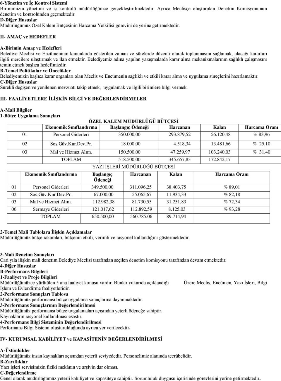 II- AMAÇ ve HEDEFLER A-Birimin Amaç ve Hedefleri Belediye Meclisi ve Encümeninin kanunlarda gösterilen zaman ve sürelerde düzenli olarak toplanmasını sağlamak, alacağı kararları ilgili mercilere