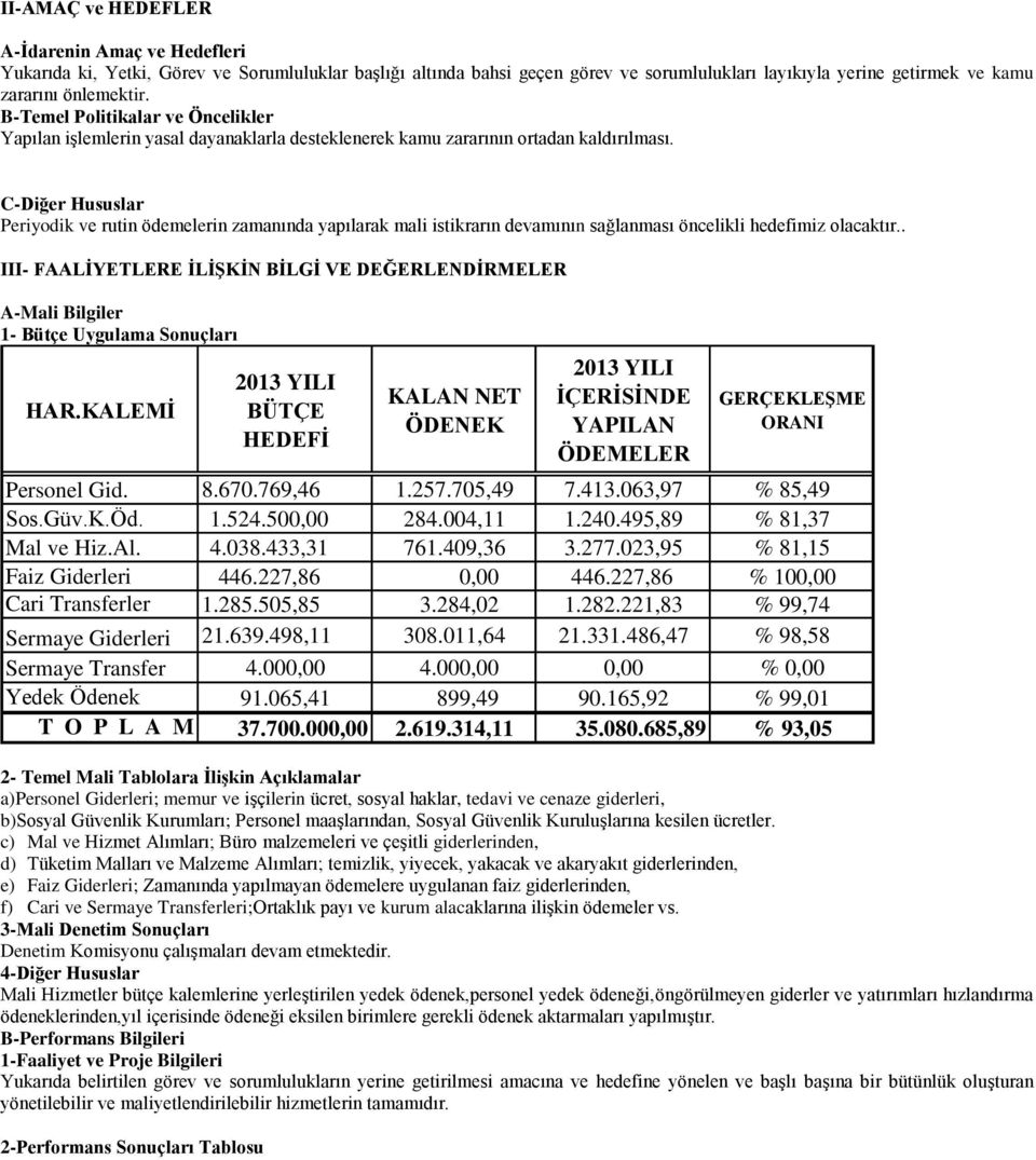 C-Diğer Hususlar Periyodik ve rutin ödemelerin zamanında yapılarak mali istikrarın devamının sağlanması öncelikli hedefimiz olacaktır.