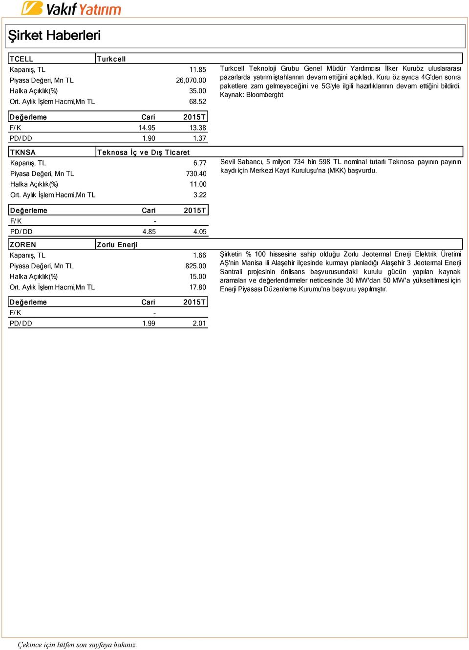Kuru öz ayrıca 4G'den sonra paketlere zam gelmeyeceğini ve 5G'yle ilgili hazırlıklarının devam ettiğini bildirdi. Kaynak: Bloomberght F/ K 14.95 13.38 PD/ DD 1.90 1.