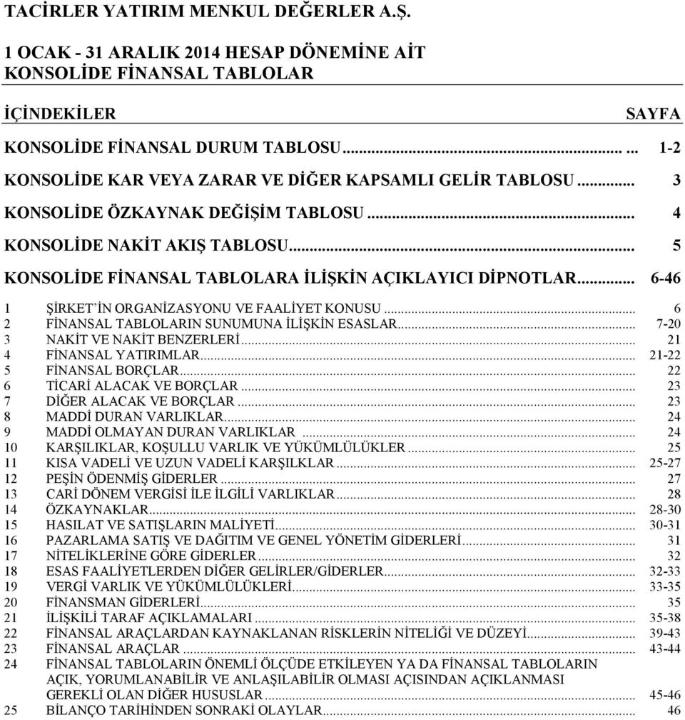 .. 7-20 3 NAKİT VE NAKİT BENZERLERİ... 21 4 FİNANSAL YATIRIMLAR... 21-22 5 FİNANSAL BORÇLAR... 22 6 TİCARİ ALACAK VE BORÇLAR... 23 7 DİĞER ALACAK VE BORÇLAR... 23 8 MADDİ DURAN VARLIKLAR.