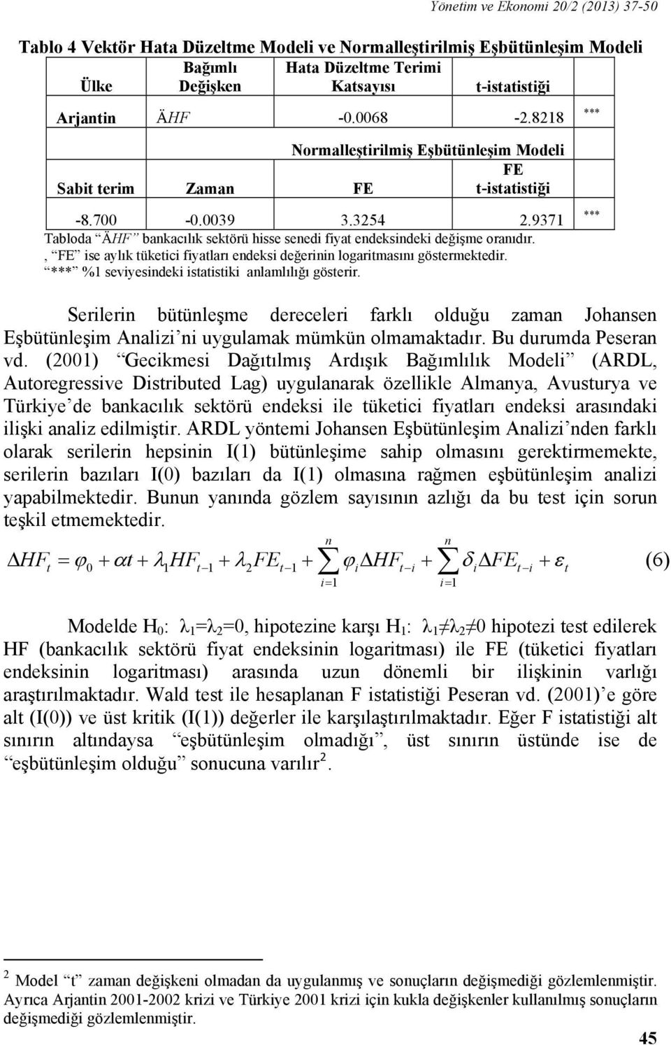 , FE ise aylık ükeici fiyaları edeksi değerii logarimasıı gösermekedir. %1 seviyesideki isaisiki alamlılığı göserir.