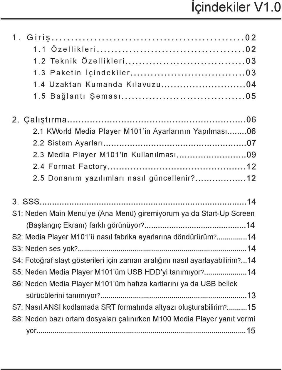 SSS...14 S1: Neden Main Menu ye (Ana Menü) giremiyorum ya da Start-Up Screen (Başlangıç Ekranı) farklı görünüyor?...14 S2: Media Player M101 ü nasıl fabrika ayarlarına döndürürüm?...14 S3: Neden ses yok?