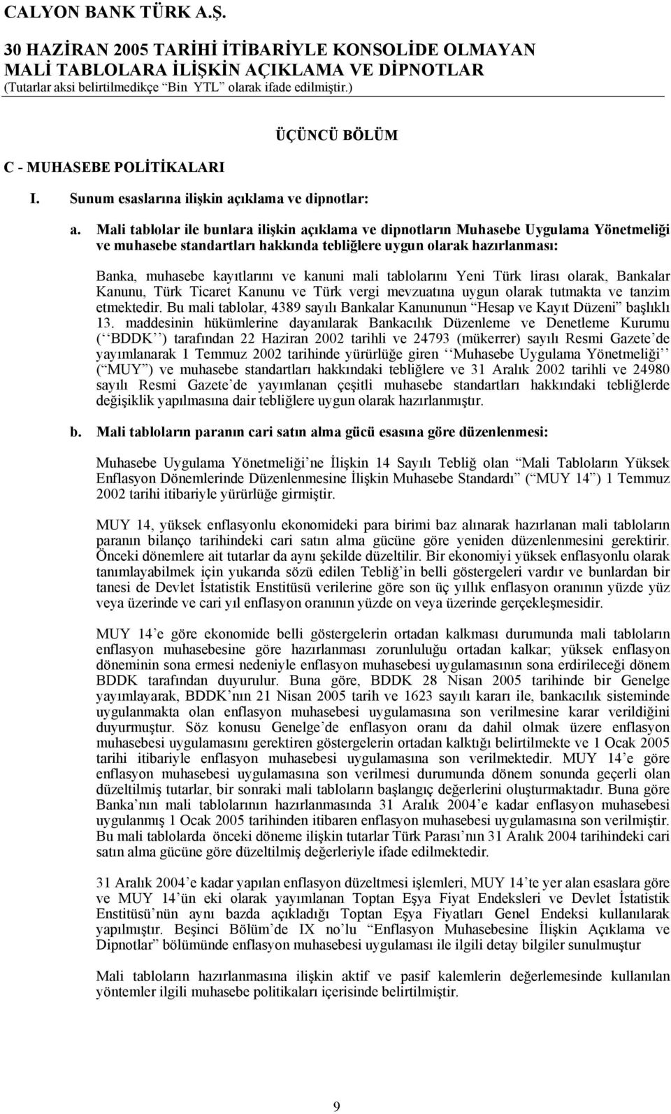 mali tablolarını Yeni Türk lirası olarak, Bankalar Kanunu, Türk Ticaret Kanunu ve Türk vergi mevzuatına uygun olarak tutmakta ve tanzim etmektedir.