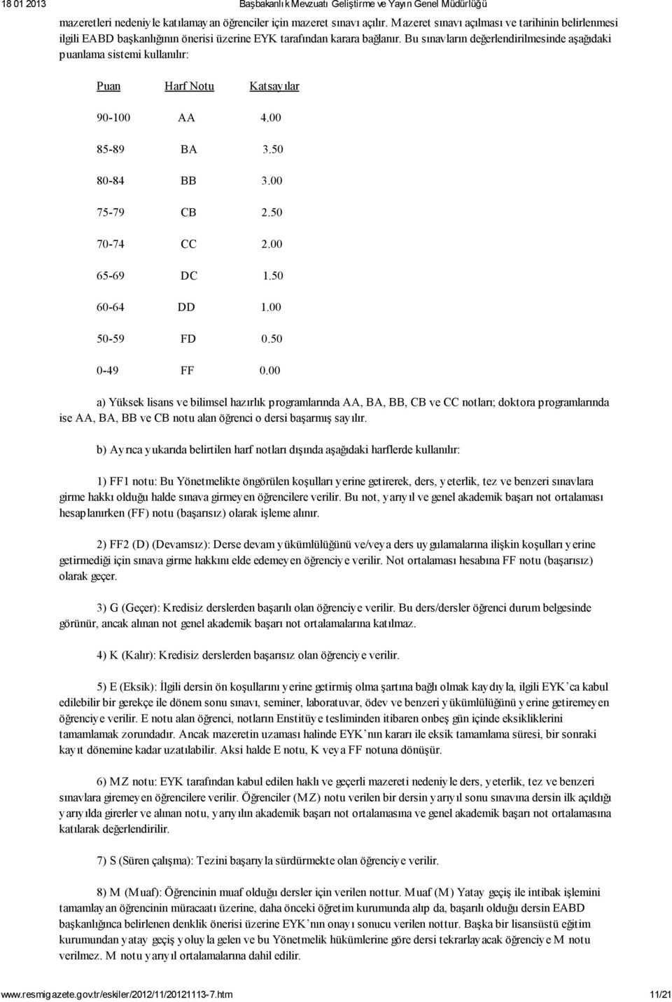 00 50-59 FD 0.50 0-49 FF 0.00 a) Yüksek lisans ve bilimsel hazırlık programlarında AA, BA, BB, CB ve CC notları; doktora programlarında ise AA, BA, BB ve CB notu alan öğrenci o dersi başarmış sayılır.