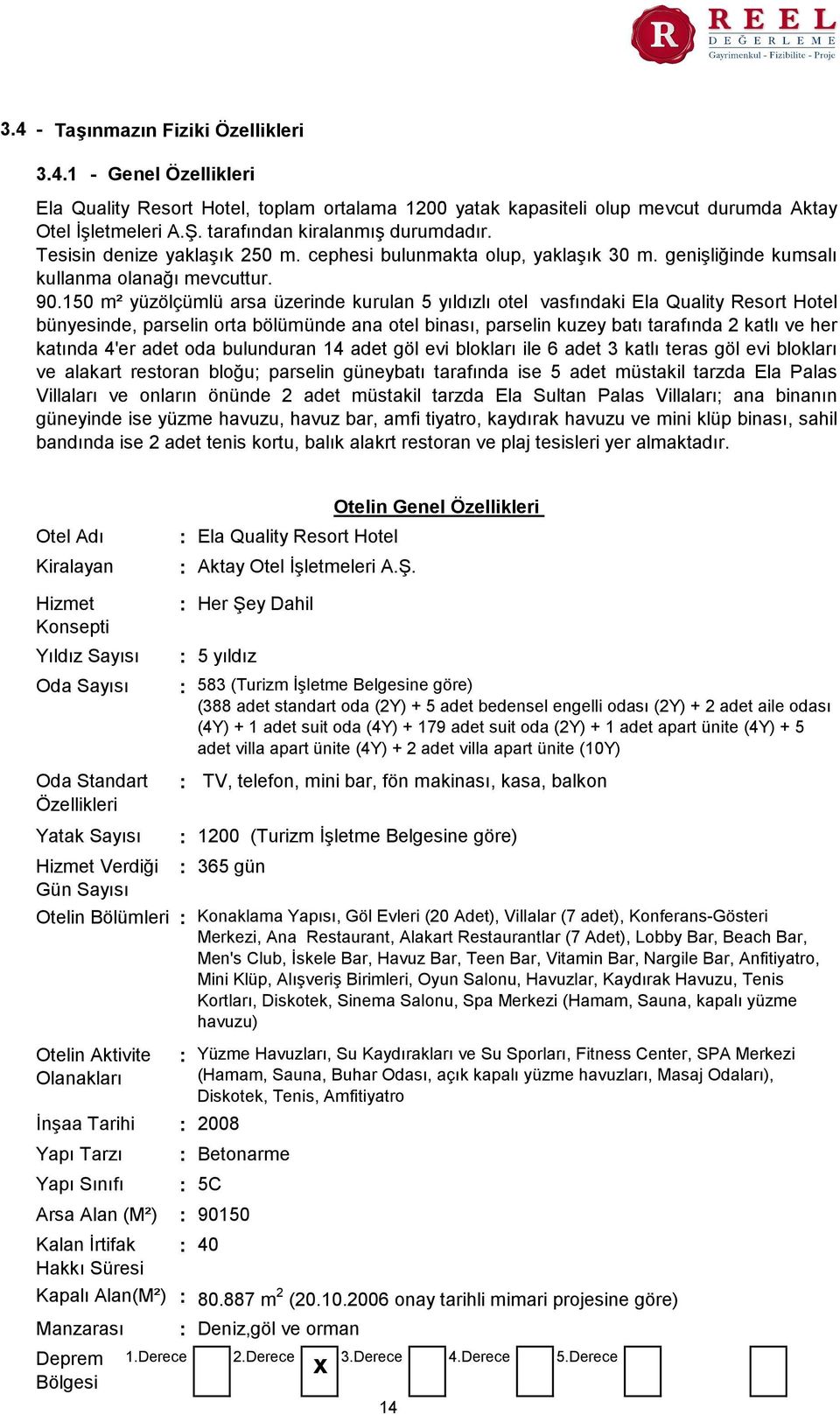 150 m² yüzölçümlü arsa üzerinde kurulan 5 yıldızlı otel vasfındaki Ela Quality Resort Hotel bünyesinde, parselin orta bölümünde ana otel binası, parselin kuzey batı tarafında 2 katlı ve her katında