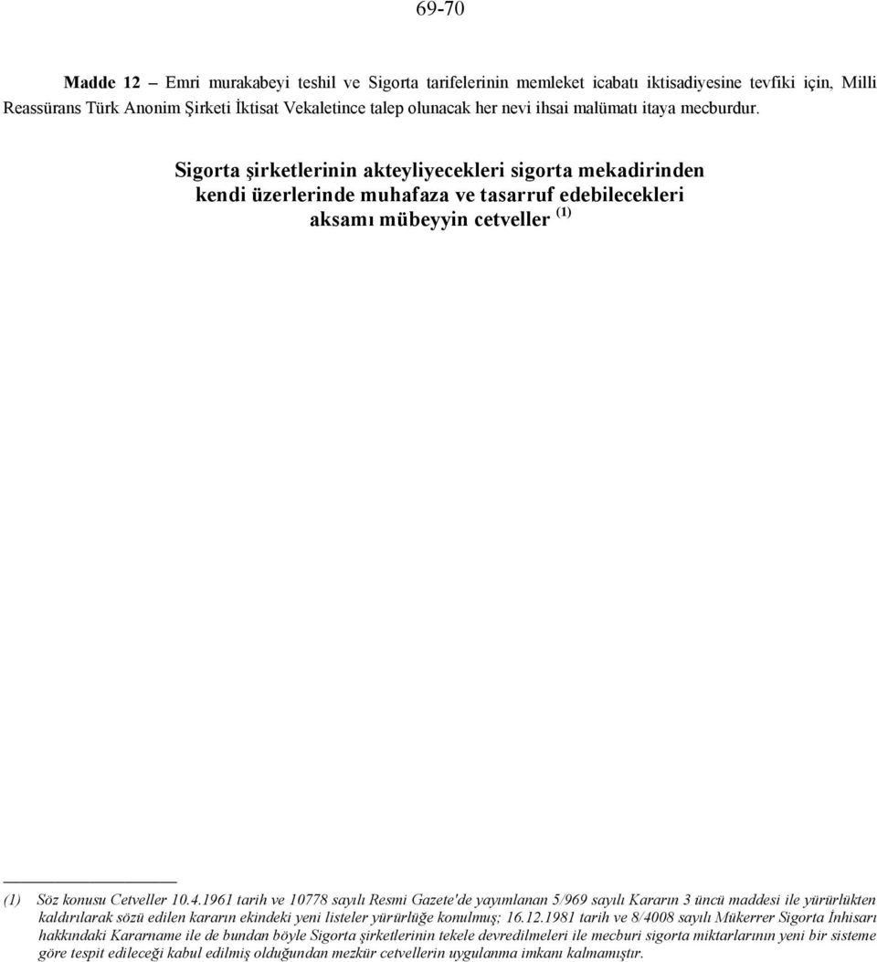 1961 tarih ve 10778 sayılı Resmi Gazete'de yayımlanan 5/969 sayılı Kararın 3 üncü maddesi ile yürürlükten kaldırılarak sözü edilen kararın ekindeki yeni listeler yürürlüğe konulmuş; 16.12.