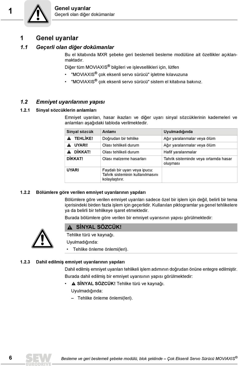 2 Emniyet uyarılarının yapısı 1.2.1 Sinyal sözcüklerin anlamları Emniyet uyarıları, hasar ikazları ve diğer uyarı sinyal sözcüklerinin kademeleri ve anlamları aşağıdaki tabloda verilmektedir.