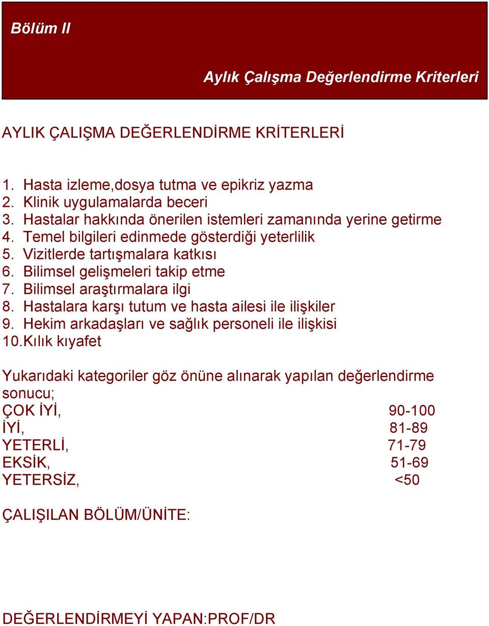 Bilimsel gelişmeleri takip etme 7. Bilimsel araştırmalara ilgi 8. Hastalara karşı tutum ve hasta ailesi ile ilişkiler 9. Hekim arkadaşları ve sağlık personeli ile ilişkisi 10.