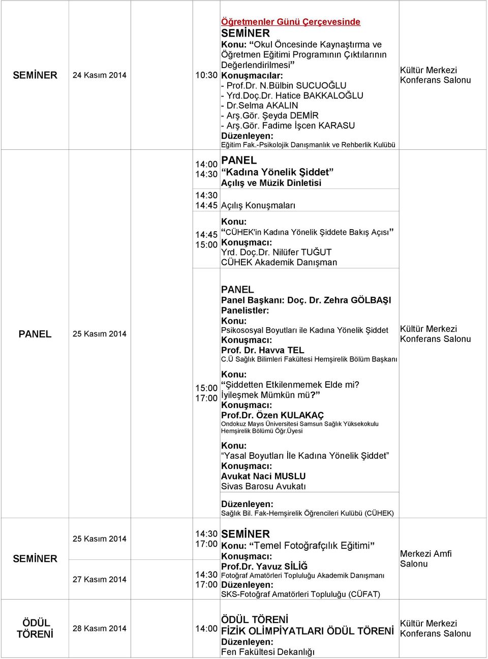 -Psikolojik Danışmanlık ve Rehberlik Kulübü 14:00 PANEL 14:30 Kadına Yönelik Şiddet Açılış ve Müzik Dinletisi 14:30 14:45 Açılış Konuşmaları 14:45 CÜHEK'in Kadına Yönelik Şiddete Bakış Açısı 15:00