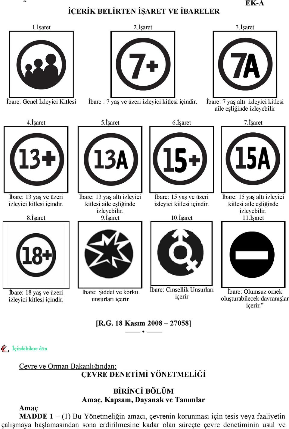 İşaret İbare: 13 yaş altı izleyici kitlesi aile eşliğinde izleyebilir. 9.İşaret İbare: 15 yaş ve üzeri izleyici kitlesi içindir. 10.