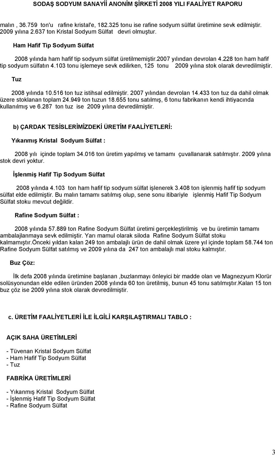 103 tonu işlemeye sevk edilirken, 125 tonu 2009 yılına stok olarak devredilmiştir. Tuz 2008 yılında 10.516 ton tuz istihsal edilmiştir. 2007 yılından devrolan 14.