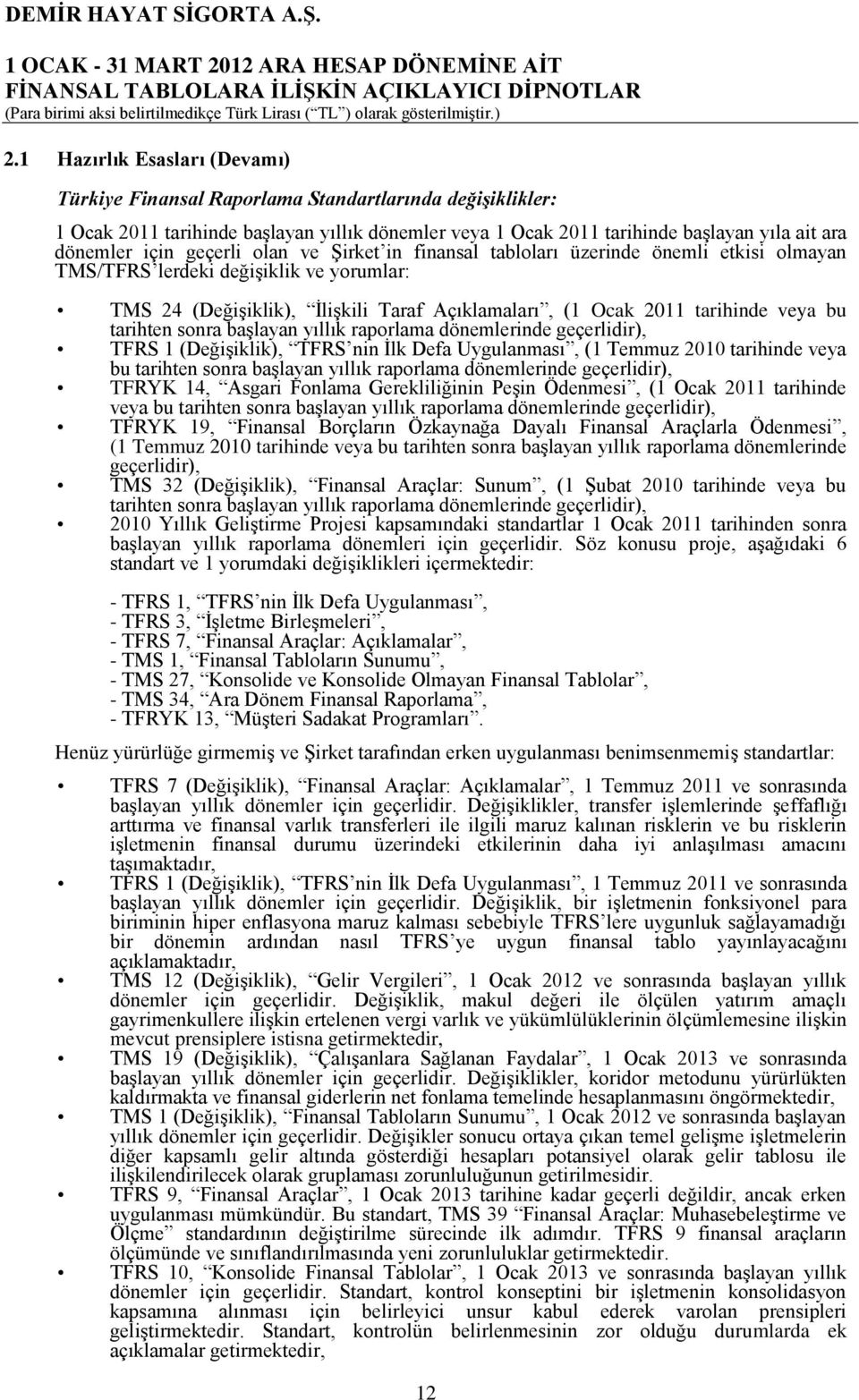 tarihten sonra başlayan yıllık raporlama dönemlerinde geçerlidir), TFRS 1 (Değişiklik), TFRS nin İlk Defa Uygulanması, (1 Temmuz 2010 tarihinde veya bu tarihten sonra başlayan yıllık raporlama