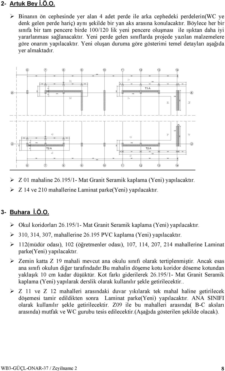 Yeni perde gelen sınıflarda projede yazılan malzemelere göre onarım yapılacaktır. Yeni oluşan duruma göre gösterimi temel detayları aşağıda yer almaktadır. Z 01 mahaline 26.