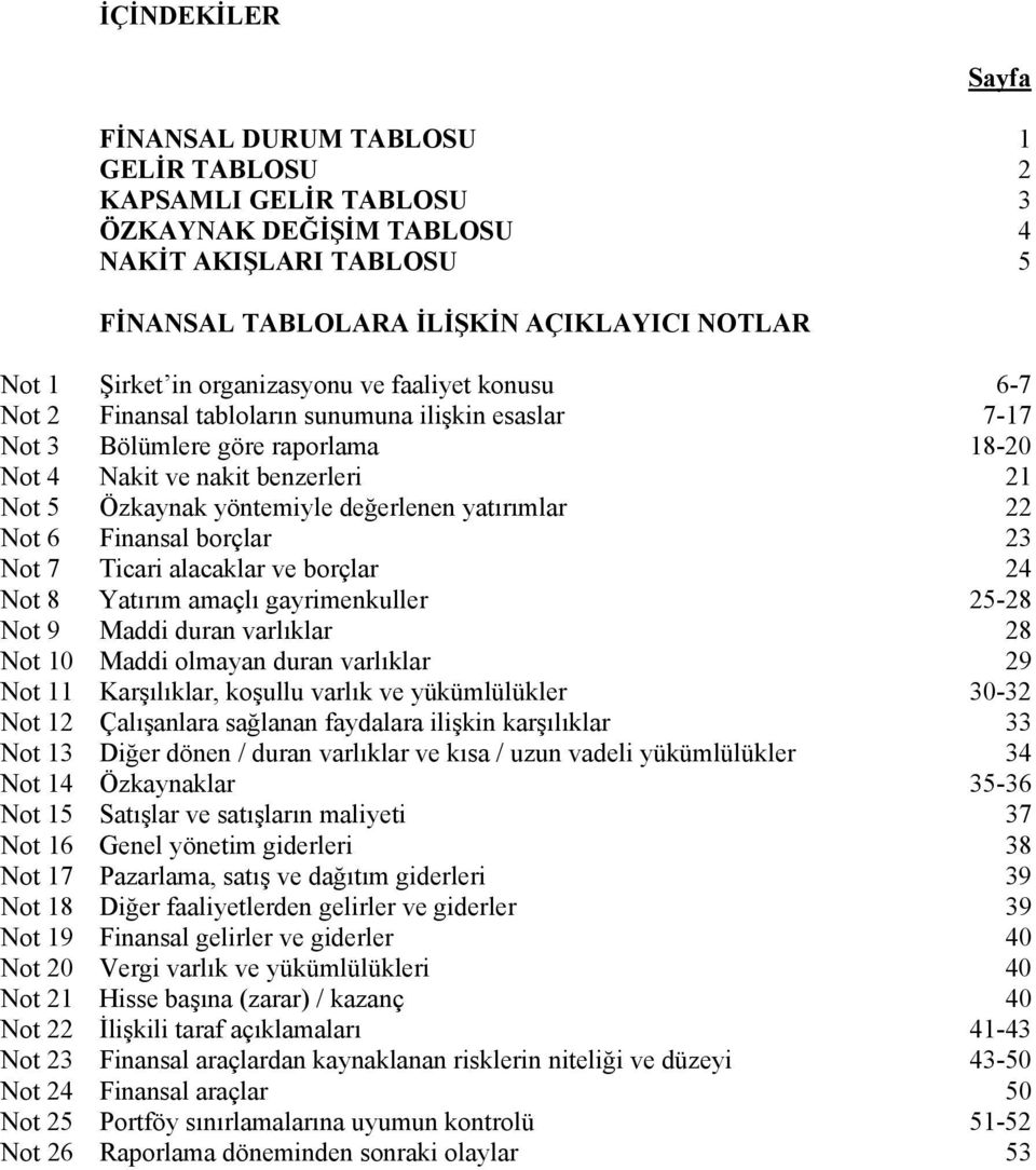 değerlenen yatırımlar 22 Not 60 Finansal borçlar 23 Not 70 Ticari alacaklar ve borçlar 24 Not 80 Yatırım amaçlı gayrimenkuller 25-28 Not 90 Maddi duran varlıklar 28 Not 10 Maddi olmayan duran