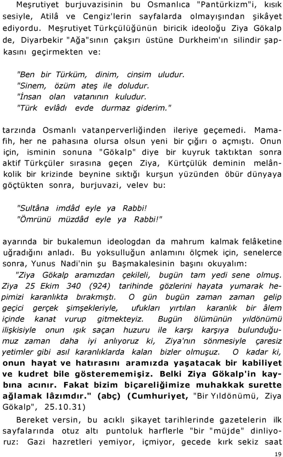 "Sinem, özüm ateş ile doludur. "İnsan olan vatanının kuludur. "Türk evlâdı evde durmaz giderim." tarzında Osmanlı vatanperverliğinden ileriye geçemedi.