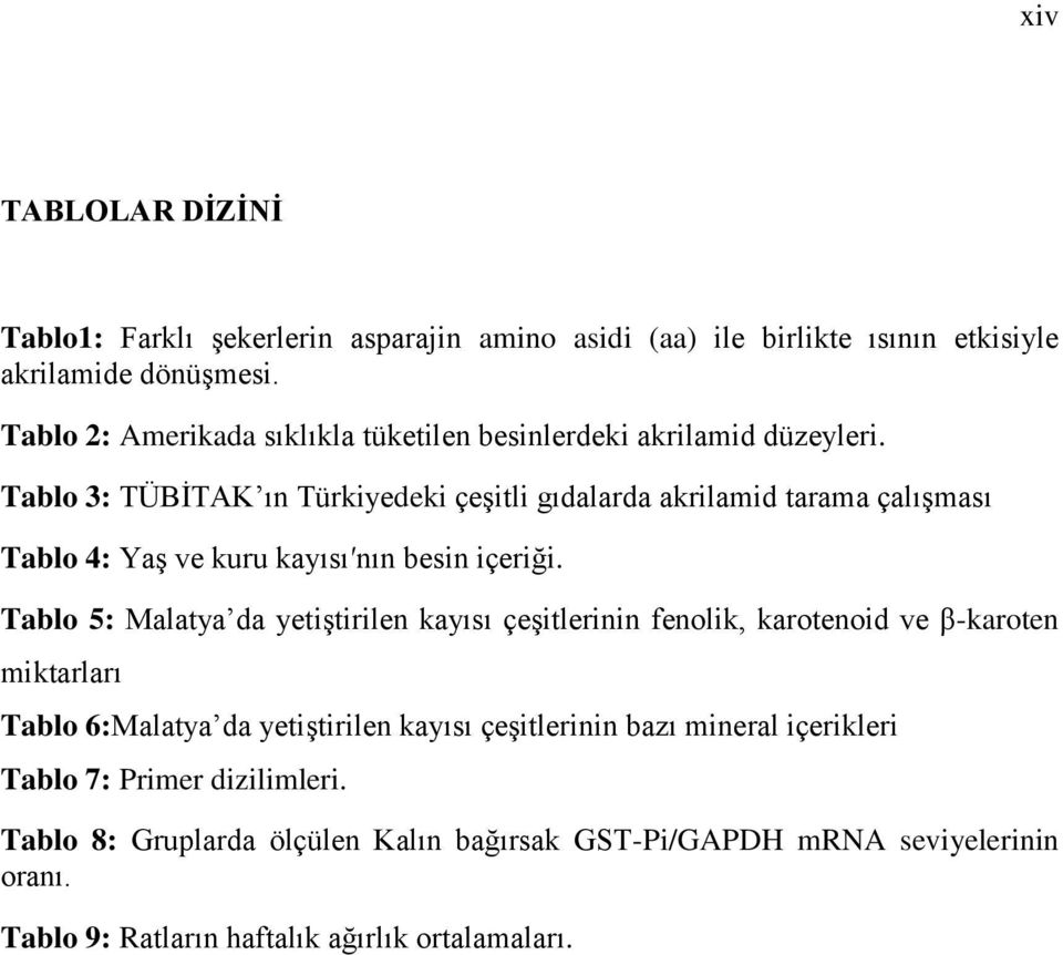 Tablo 3: TÜBĠTAK ın Türkiyedeki çeģitli gıdalarda akrilamid tarama çalıģması Tablo 4: YaĢ ve kuru kayısı nın besin içeriği.