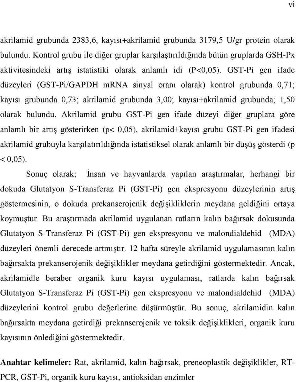 GST-Pi gen ifade düzeyleri (GST-Pi/GAPDH mrna sinyal oranı olarak) kontrol grubunda 0,71; kayısı grubunda 0,73; akrilamid grubunda 3,00; kayısı+akrilamid grubunda; 1,50 olarak bulundu.
