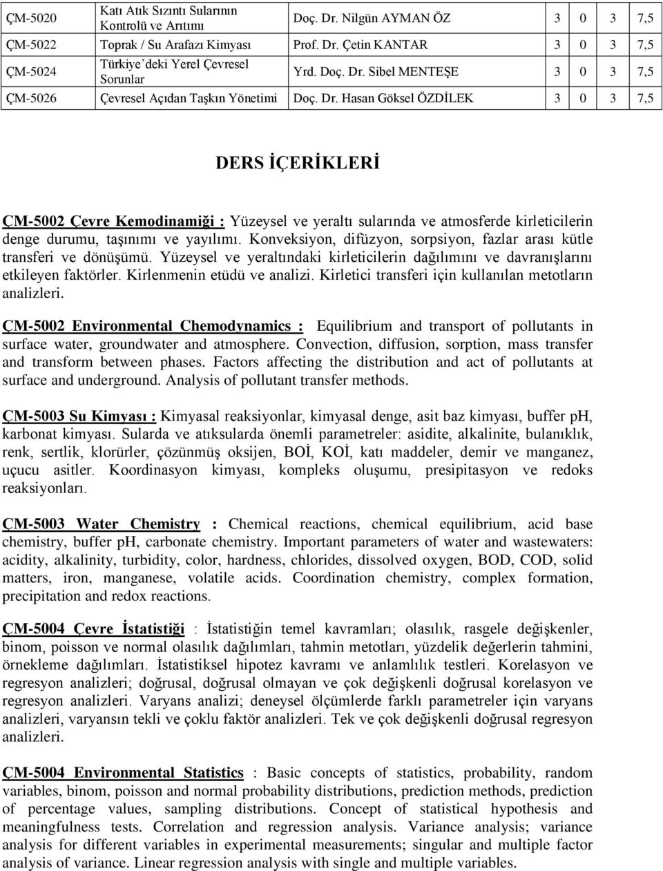 Konveksiyon, difüzyon, sorpsiyon, fazlar arası kütle transferi ve dönüşümü. Yüzeysel ve yeraltındaki kirleticilerin dağılımını ve davranışlarını etkileyen faktörler. Kirlenmenin etüdü ve analizi.