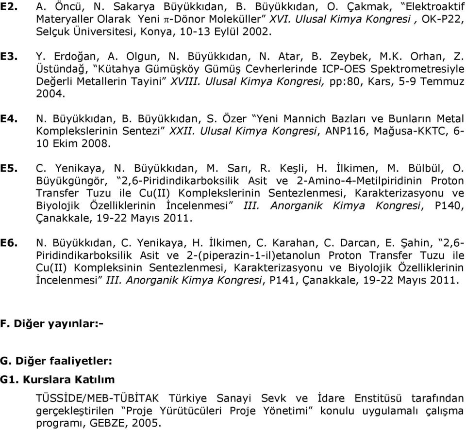 Ulusal Kimya Kongresi, pp:80, Kars, 5-9 Temmuz 2004. E4. N. Büyükkıdan, B. Büyükkıdan, S. Özer Yeni Mannich Bazları ve Bunların Metal Komplekslerinin Sentezi XXII.