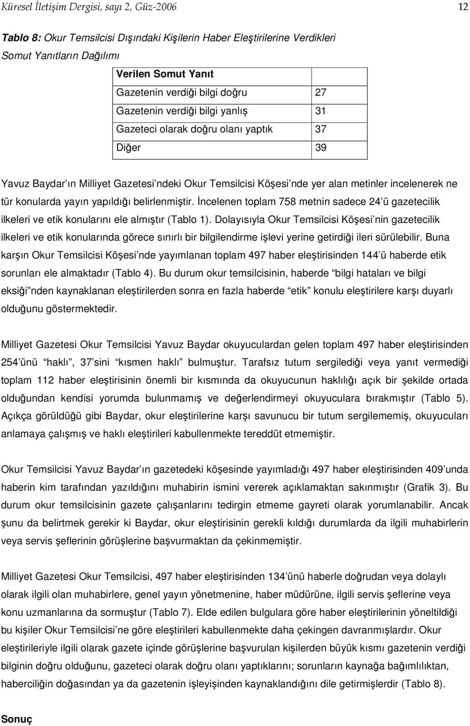 yayın yapıldığı belirlenmiştir. İncelenen toplam 758 metnin sadece 24 ü gazetecilik ilkeleri ve etik konularını ele almıştır (Tablo 1).