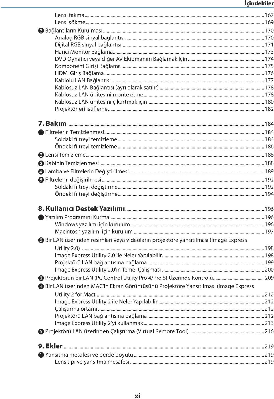 ..178 Kablosuz LAN ünitesini monte etme...178 Kablosuz LAN ünitesini çıkartmak için...180 Projektörleri istifleme...182 7. Bakım...184 ❶ Filtrelerin Temizlenmesi...184 Soldaki filtreyi temizleme.