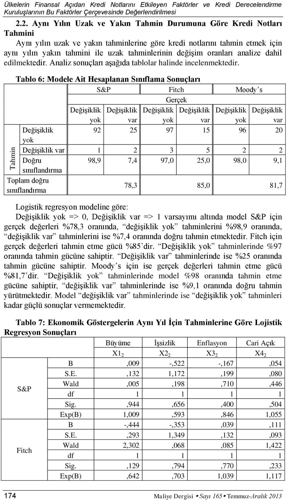 değişim oranları analize dahil edilmektedir. Analiz sonuçları aşağıda tablolar halinde incelenmektedir.