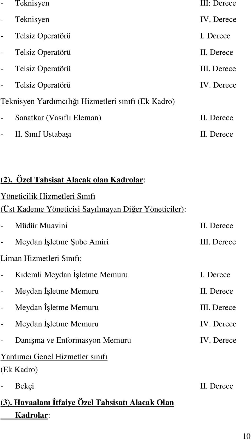 Özel Tahsisat Alacak olan Kadrolar: Yöneticilik Hizmetleri Sınıfı (Üst Kademe Yöneticisi Sayılmayan Diğer Yöneticiler): - Müdür Muavini II. Derece - Meydan İşletme Şube Amiri III.