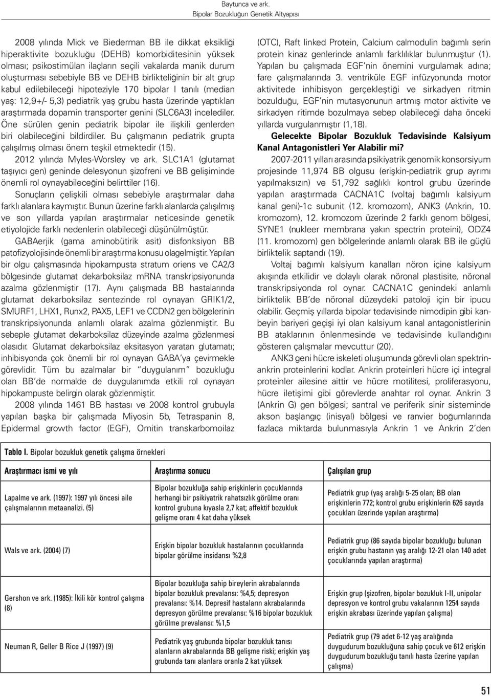 (SLC6A3) incelediler. Öne sürülen genin pediatrik bipolar ile ilişkili genlerden biri olabileceğini bildirdiler. Bu çalışmanın pediatrik grupta çalışılmış olması önem teşkil etmektedir (15).