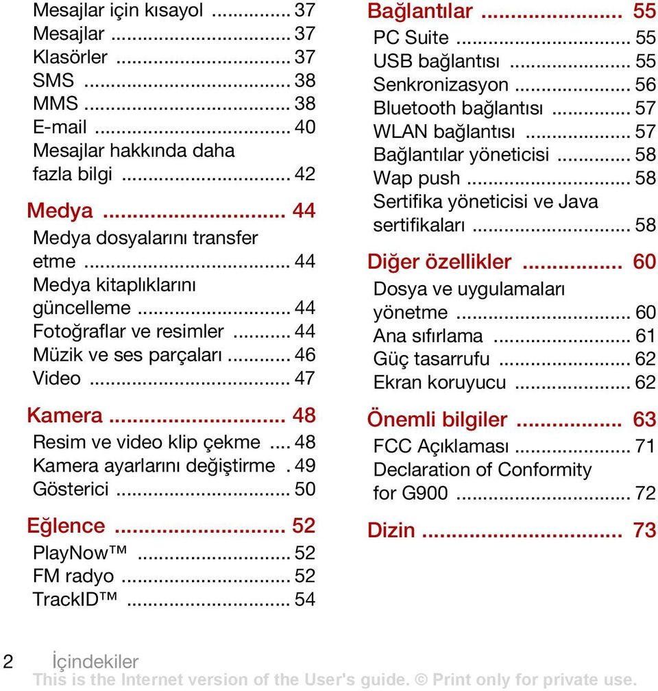 49 Gösterici... 50 Eğlence... 52 PlayNow... 52 FM radyo... 52 TrackID... 54 Bağlantılar... 55 PC Suite... 55 USB bağlantısı... 55 Senkronizasyon... 56 Bluetooth bağlantısı... 57 WLAN bağlantısı.