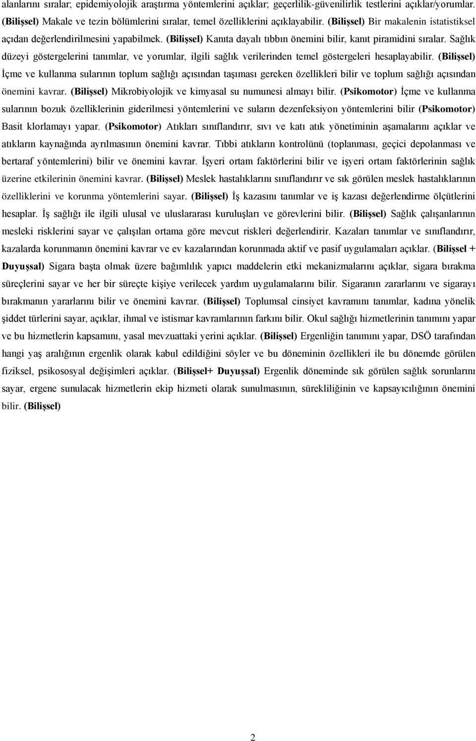 (Bilişsel) Kanıta dayalı tıbbın önemini bilir, kanıt piramidini sıralar. Sağlık düzeyi göstergelerini tanımlar, ve yorumlar, ilgili sağlık verilerinden temel göstergeleri hesaplayabilir.