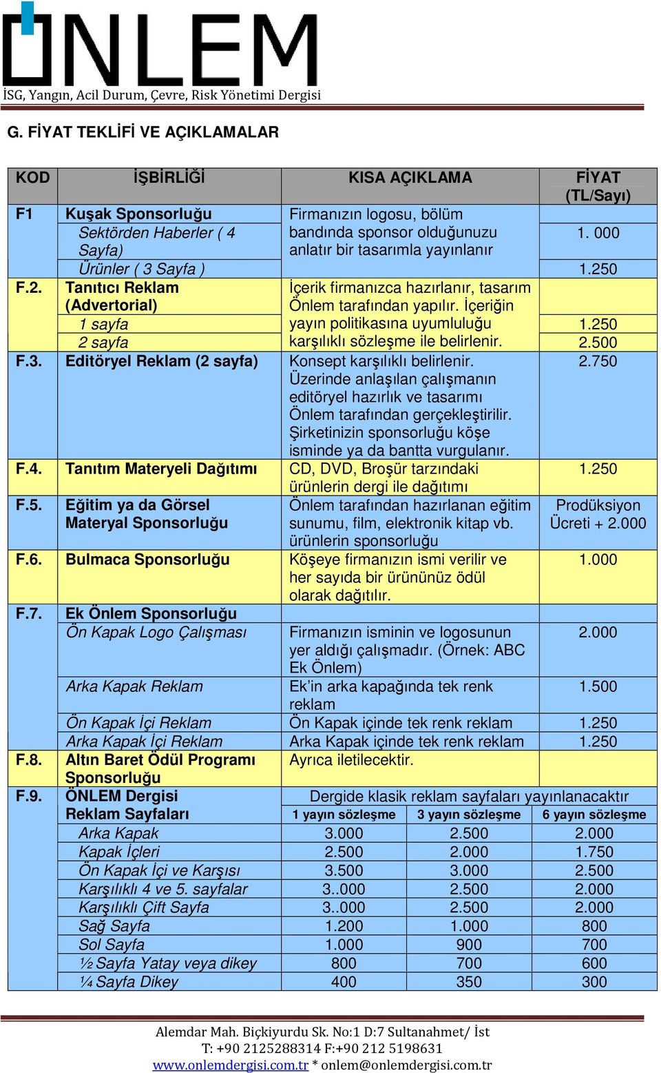 250 2 sayfa karşılıklı sözleşme ile belirlenir. 2.500 F.3. Editöryel Reklam (2 sayfa) Konsept karşılıklı belirlenir. 2.750 Üzerinde anlaşılan çalışmanın editöryel hazırlık ve tasarımı Önlem tarafından gerçekleştirilir.