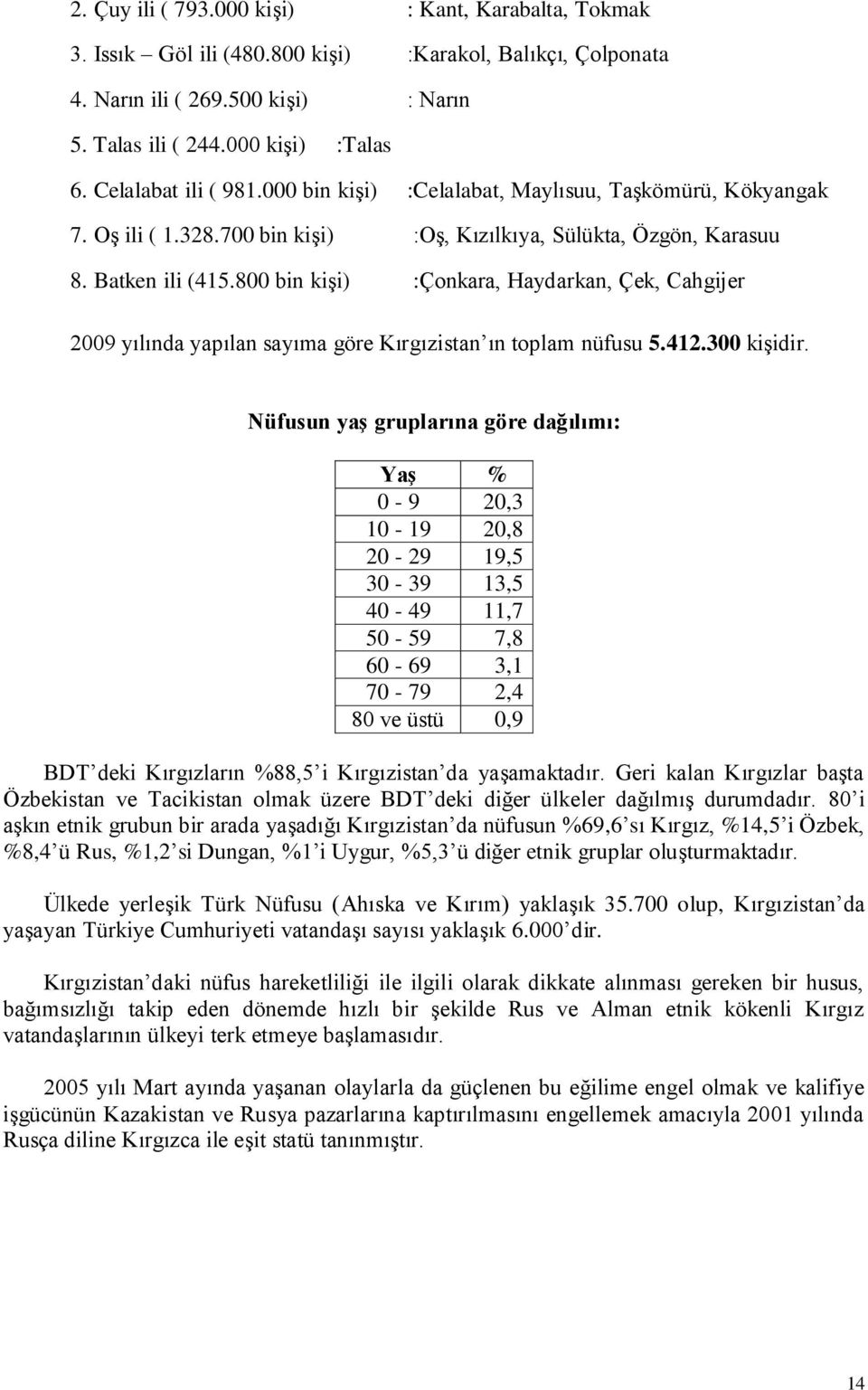 800 bin kiģi) :Çonkara, Haydarkan, Çek, Cahgijer 2009 yılında yapılan sayıma göre Kırgızistan ın toplam nüfusu 5.412.300 kiģidir.