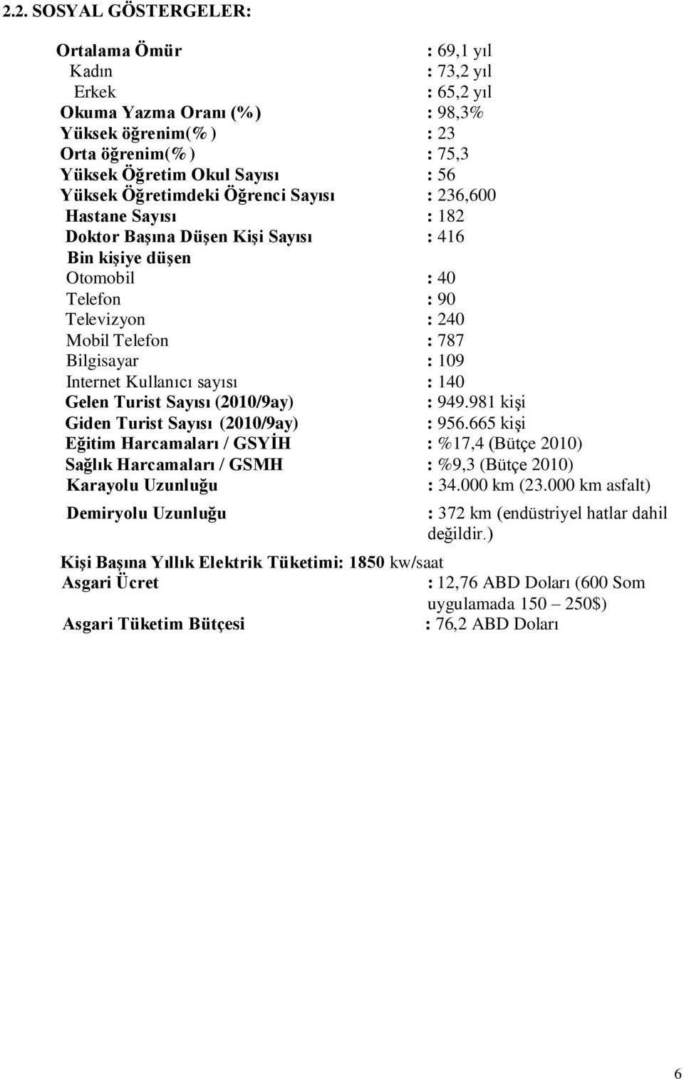 Internet Kullanıcı sayısı : 140 Gelen Turist Sayısı (2010/9ay) : 949.981 kiģi Giden Turist Sayısı (2010/9ay) : 956.