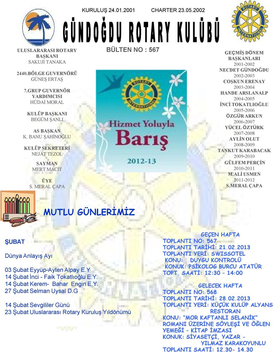 MERAL ÇAPA BÜLTEN NO : 567 GEÇMİŞ DÖNEM BAŞKANLARI 2001-2002 NECDET GÜNDOĞDU 2002-2003 COŞKUN ERENAY 2003-2004 HANDE ARSLANALP 2004-2005 İNCİ TOKATLIOĞLU 2005-2006 ÖZGÜR ARKUN 2006-2007 YÜCEL ÖZTÜRK